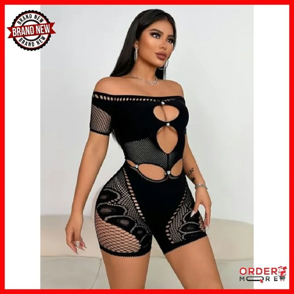 Mesh Lace Off-Shoulder Jumpsuit Rhinestone Hollow Club Party Romper